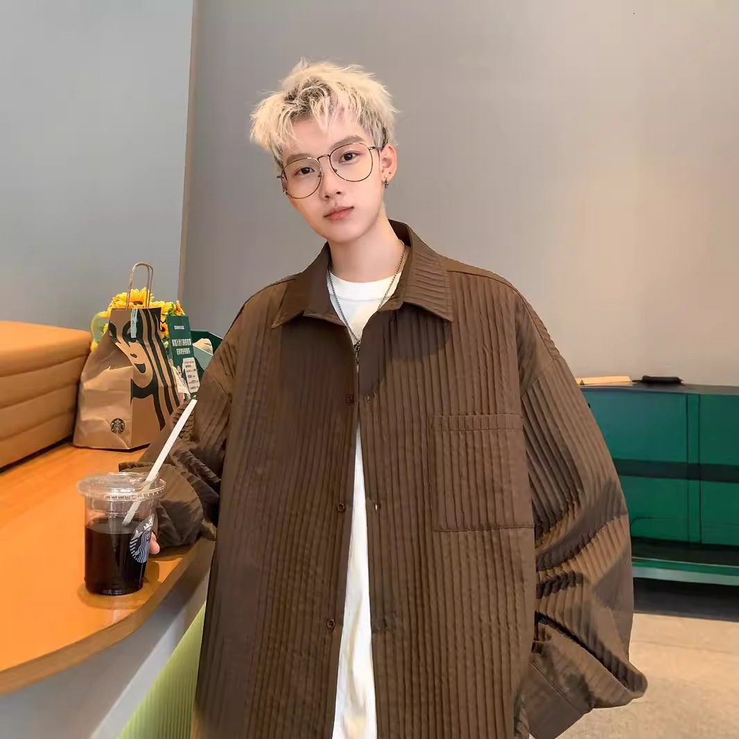 Vertical Striped Spring Shirt Men Long Sleeve 2025 New Designer Short Sleeves Vintage Casual Retro Trendy Loose Shirt Jacket