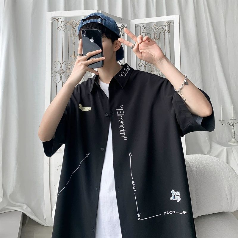 7/10 Sleeve Shirt Men's Fashion Cool Ins Trendy Brand Hong Kong Style Ice Silk Summer Thin Short Designer Short Sleeves Sleeve Minimalist High-en