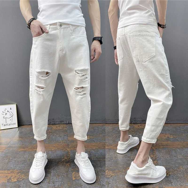 Korean Ankle-Length Distressed Jeans Men White Breathable Slim Fit Ripped Denim Pants Four Season Narrow Leg Harem Mens Trousers XJ250707