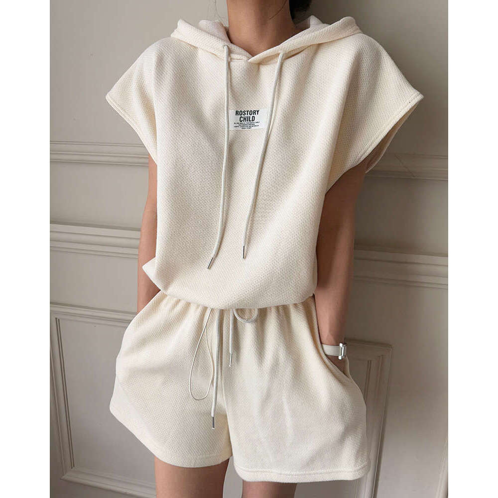 Light Gray Drawstring Hooded Sweatshirt Women Summer Loose High Waist Casual Shorts Set B5