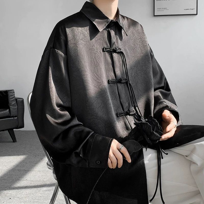 Black Shirt For Men New Chinese Style Button Design High-end Feel Smooth Jacquard Unisex Stand Designer Short Sleeves Collar Shirt Jacket