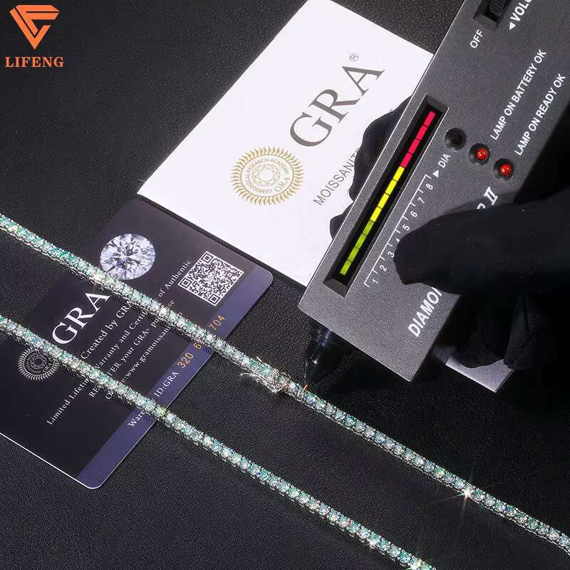 New Arrival Iced Out Colorful VVS Moissanite 3mm Cluster Tennis Chain Hiphop Jewelry 925 Sterling Silver Green Tennis Necklace