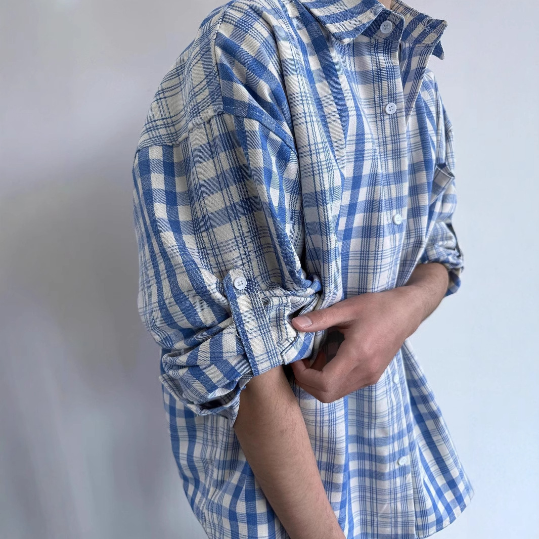 Factory Direct Supply Spring Retro Lazy Versatile Blue Designer Short Sleeves Plaid Long Sleeve Shirt Men's Casual Loose Color-block Shirt Trendy