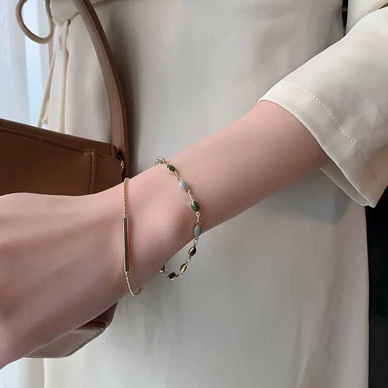 Vintage Double Layer Green Oil Drop Bracelet for Women Simple Gold Color Beaded Chain Adjustable Charm Bracelet Jewelry Gift XJ250707