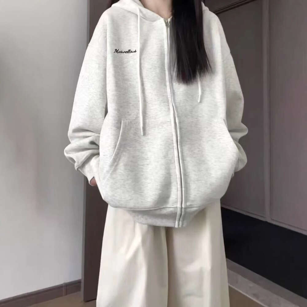 Gray American Style Sweatshirt Women Spring New Loose Casual Cardigan Hooded Jacket For Petite Trendy Brand B5