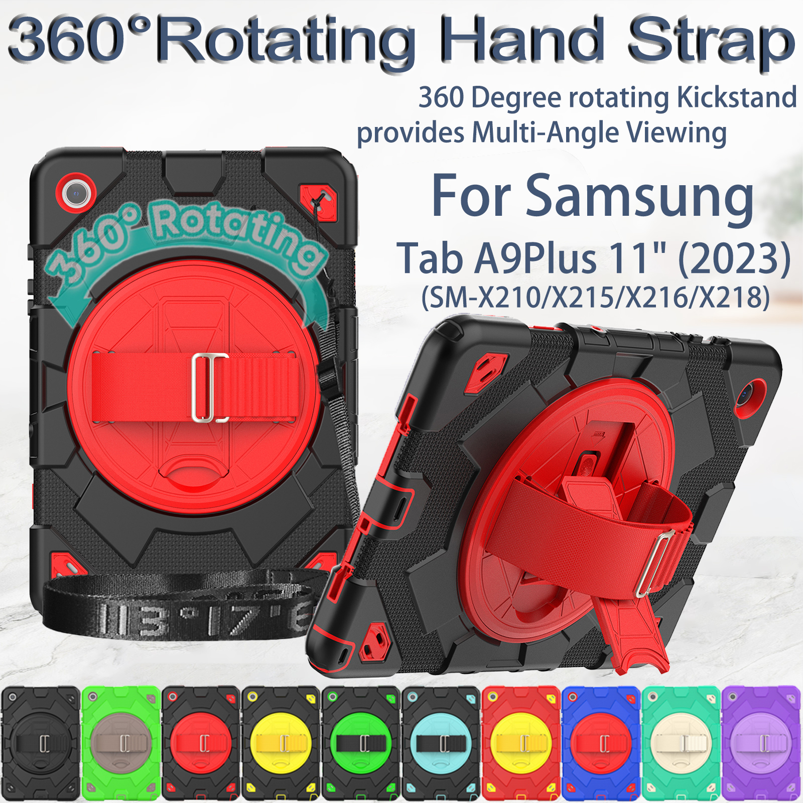 For Samsung Galaxy Tab A9 Plus 11 inch kids Shockproof Case Hybrid Armor Protective Tablet Cover 360 Rotating Stand Strap Cases with S Pen Holder SM-X