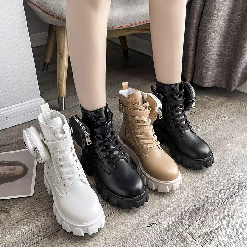 Women Luxury Middle heel Martin boots Winter Thick bottom Desert Boot real leather Splicing waterproof canvas shoes