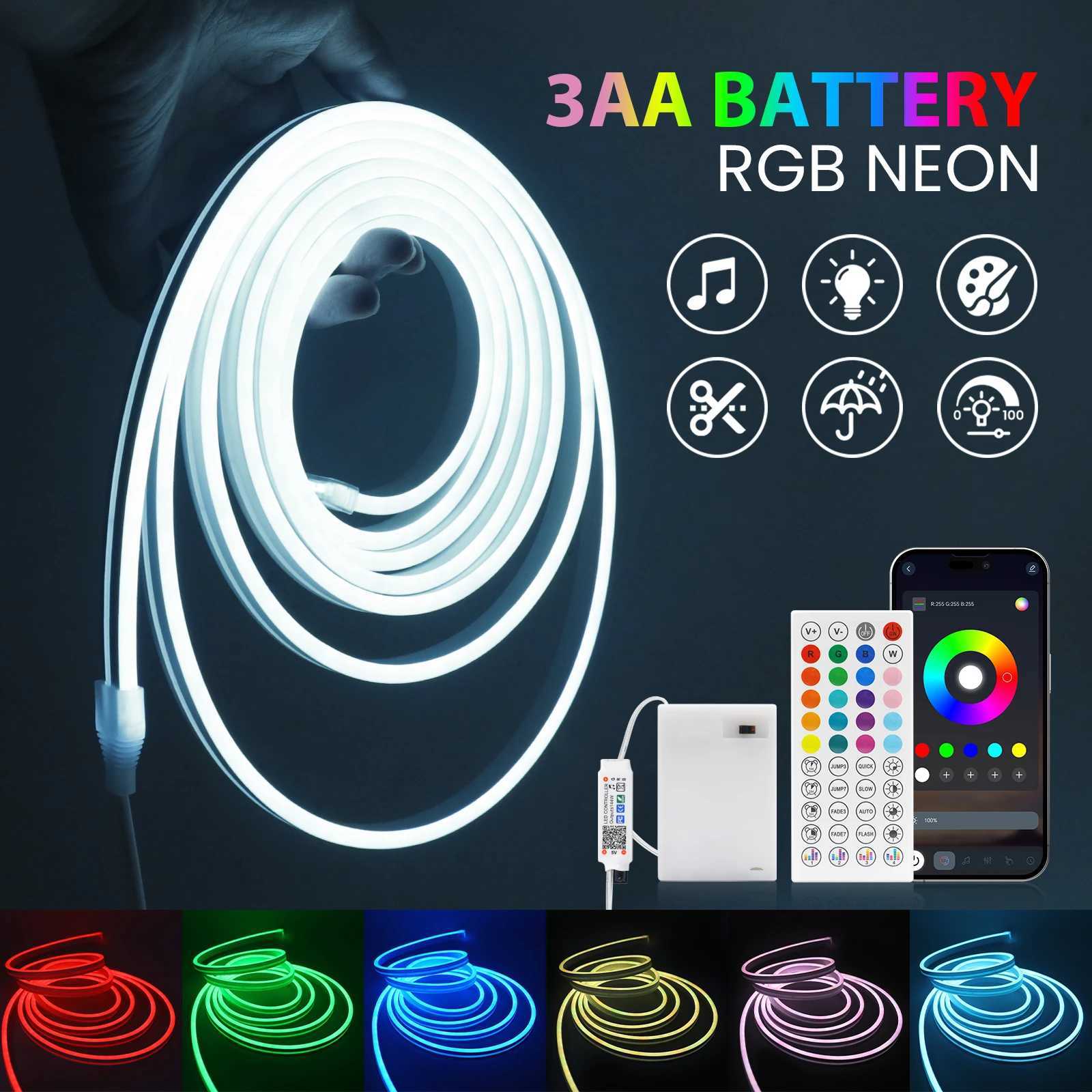 DC 5V 3AA Battery Powered RGB Neon Strip Light Home Decor Flexible Ribbon Tape Rope LED Strip W250701