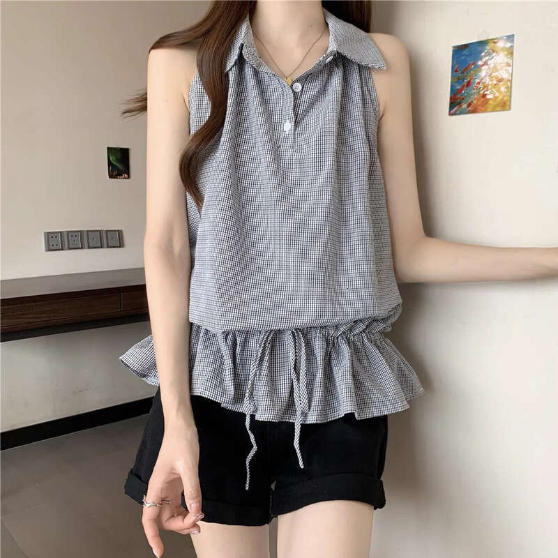 Korean Style Elegant High-End Collared Sleeveless Shirt Summer Design Halter Ruffled Tie Vest Top Trendy B5