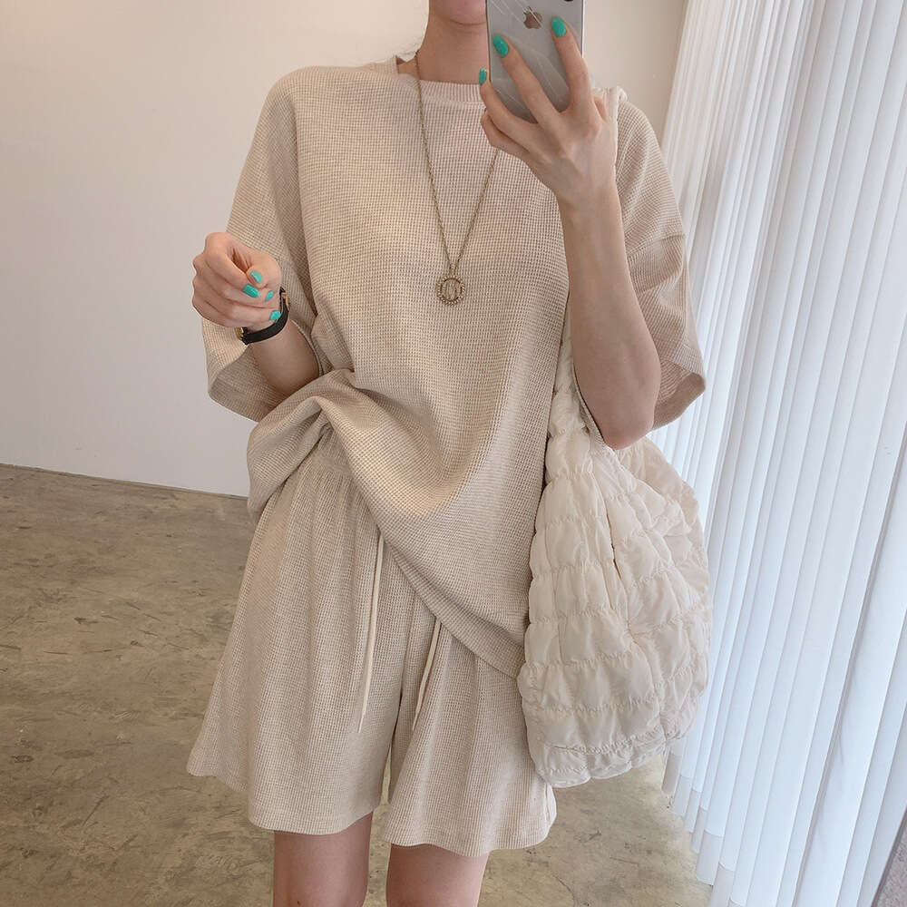 Korean Chic Summer Simple Round Neck Short Sleeve T-Shirt Set For Women High Waist Loose Wide Leg Casual Shorts Trendy B5