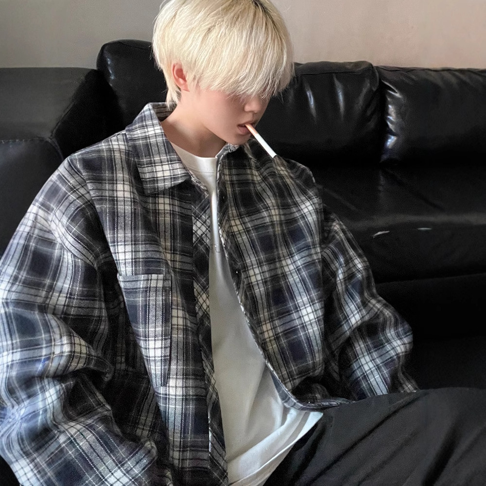 Navy Blue Long Sleeve Plaid Shirt Designer Short Sleeves Men Spring Autumn 2025 New Loose Fit Handsome Casual Turn-down Collar Shirt Jacket