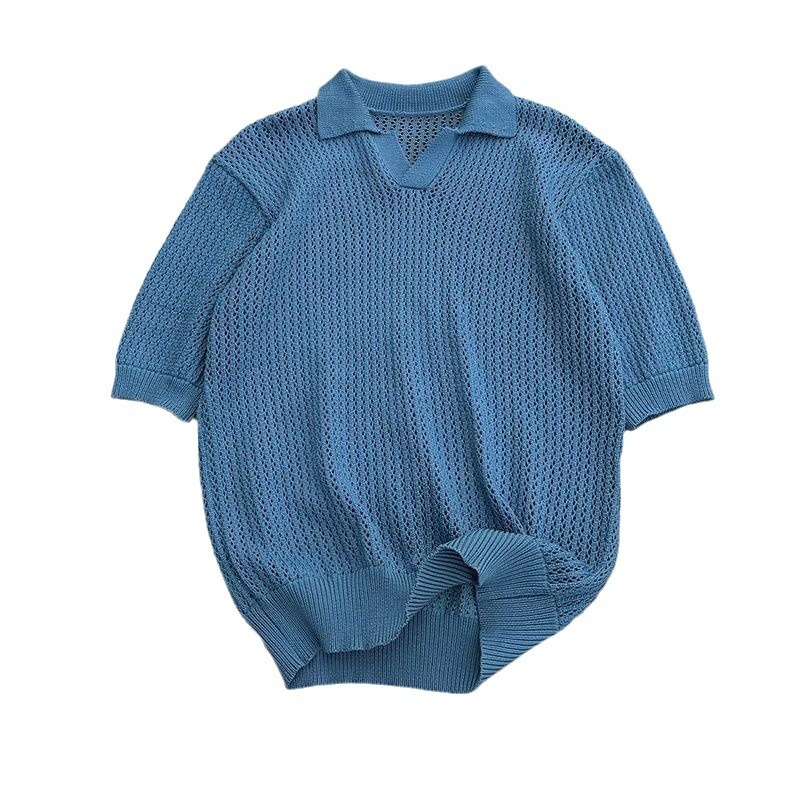 Knitted Short Sleeve Designer Short Sleeves Men's Summer American High Street Polo Shirt Turn-down Collar Half Sleeve Top High-end Cool Pullover 