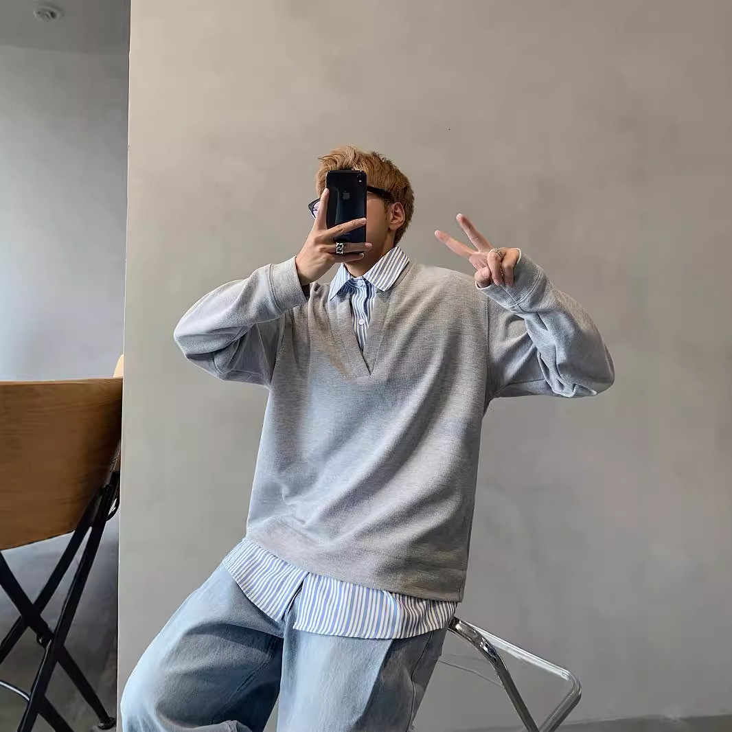 2025 Designer Short Sleeves Spring Autumn Winter Design Fake Two-piece Shirt Striped Shirt Unisex Patchwork Loose Long Sleeve T-shirt Base Layer