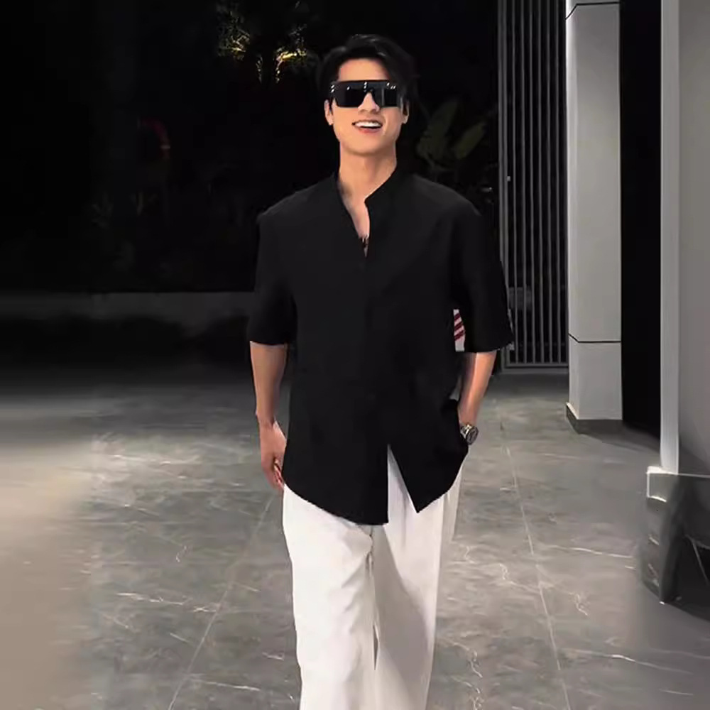 Lushangshuai High-end Designer Short Sleeves Black Ice Silk Stand Collar Three-quarter Sleeve Shirt Men's Cool Draped National Style Short Sleeve