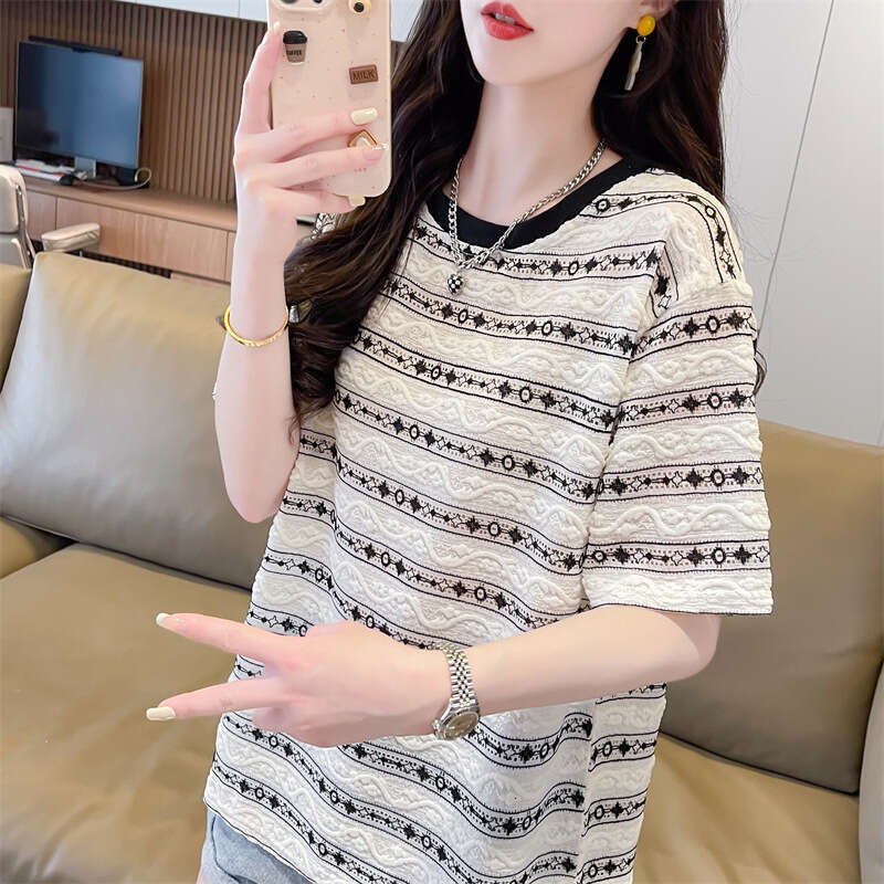 Striped Round Neck T-Shirt For Women Summer New Korean Style Loose Slimming Mid-Length Short Sleeve Plus Size Women's Clothing B5