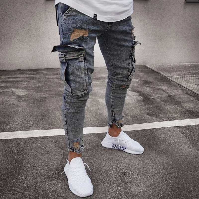 Stretch Mens Jeans Fashion Knee Ripped Zipper Skinny Trousers Denim Pants High Waist Side Pockets XJ250707