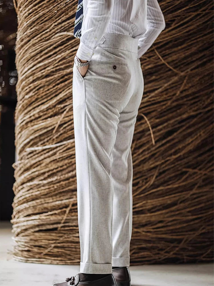 2025 Summer Casual Draped Straight Trousers For Men Office Fashion Solid Color Pleated Suit Pants Mens Vintage Trousers Naples 250707