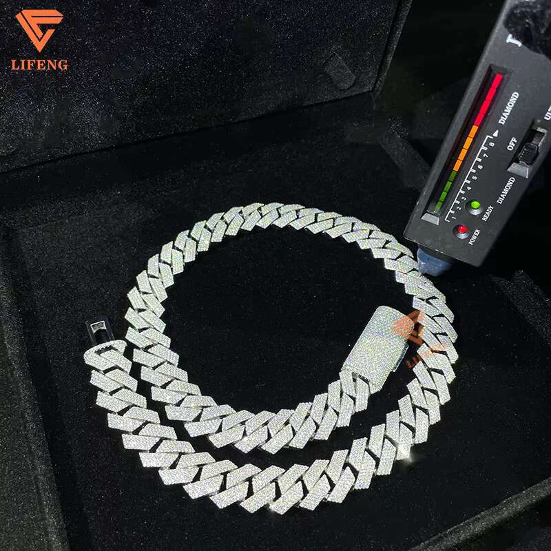 White Gold VVS Moissanite Cuban Link Necklace 15mm 4row Diamond Chain 925 Sterling Silver Fine Hip Hop Jewelry for Men