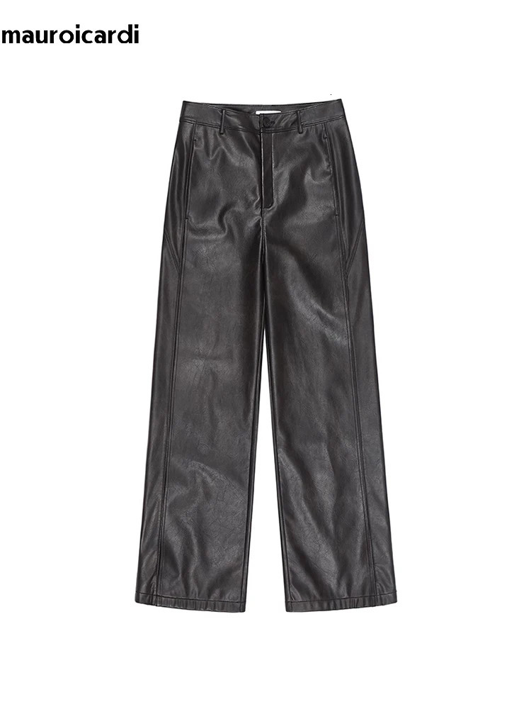 Mauroicardi Spring Autumn Long Loose Casual Cool Black Pu Leather Straight Pants for Men Clothes Trouser 2023 y250704