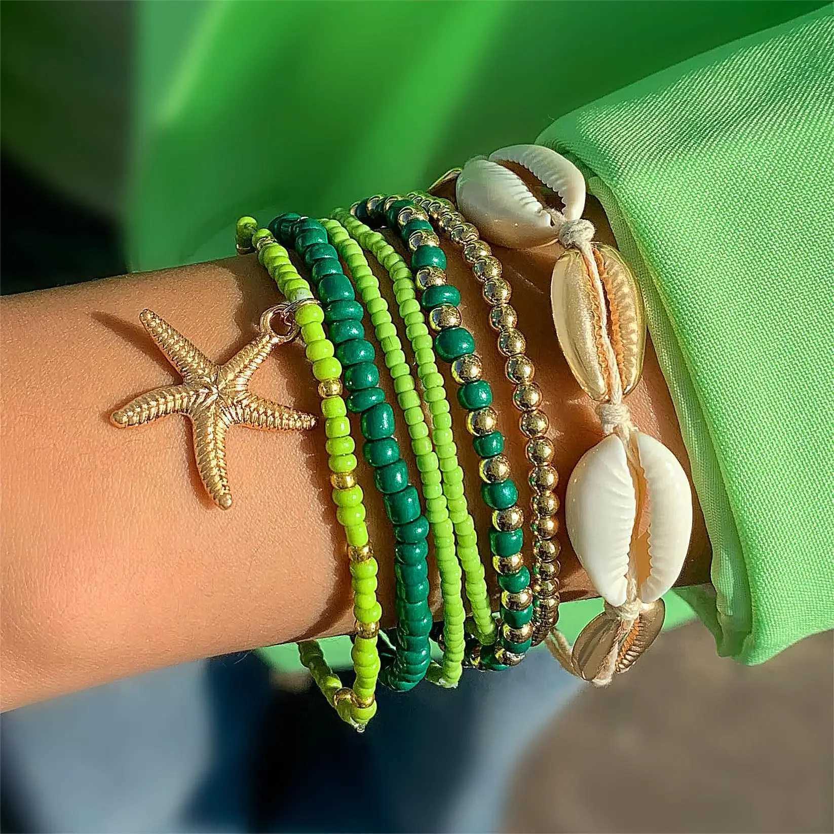 7Pcs Bohemian Shell Bracelet Set for Women Starfish Charm Rice Beads Wristband Bangle Girls Summer Beach Jewelry Accessories XJ250707