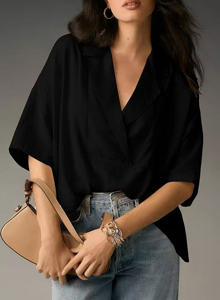 2025 Designer Fashion Trend Versatile Women's Plus Size European and American Export Women's Summer New Short Sleeve Turn-down Collar Casual