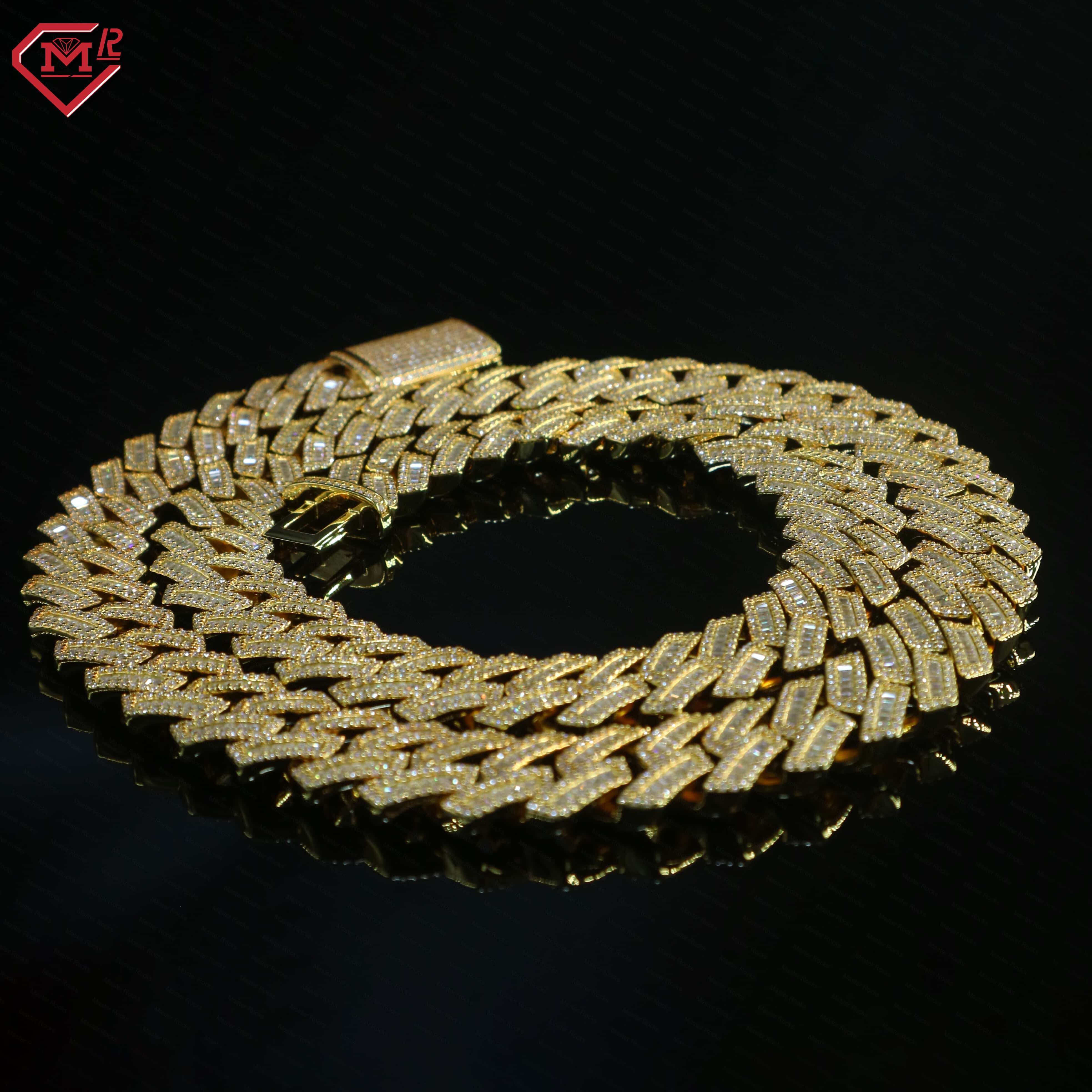 12MM Rappers Necklace Yellow Gold Plated Cuban Chain Straight Angle Pass Diamond Tester S925 Moissanite Cuban Chain