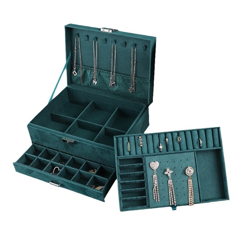 Suede Velvet Dark Green Three-Layer Jewelry Box Large Capacity Necklace Ring Jewelry Storage Box Drawer Style Jewelry Box