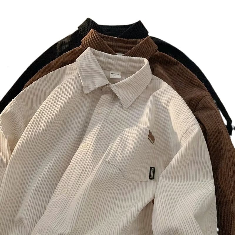 Spring And Autumn Designer Short Sleeves Corduroy Long Sleeve Shirt For Men, Trendy Loose Fit, American Retro Style, High-end Feel, Men's Shirt J