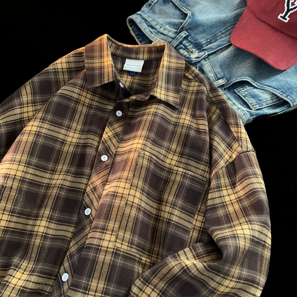 2025 Spring And Autumn Plaid Shirt Men Hong Kong Style Cool High-end Long Sleeve Shirt Designer Short Sleeves Trendy Japanese Style Inner Wear Thin Ja