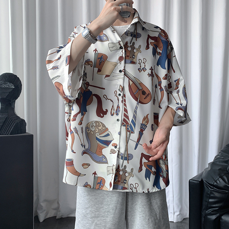 Short Sleeve Shirt Men Hong Kong Style Retro Designer Short Sleeves Print Shirt Summer Thin Draped Cool Casual Half Sleeve Top Jacket Trendy