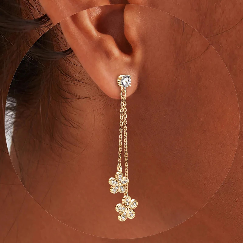Anziw 4mm D Drop Earrings for Women S925 Silver Chain Star Flowers Pendant Stud Earrings Daily Wear Wedding Jewelry 250701