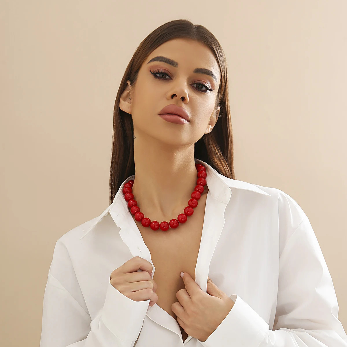 Salircon Gothic Simple Acrylic Red Black Big Ball Bead Chain Necklace Womens Y2K Korean Clavicle Trendy Party Jewelry 250704