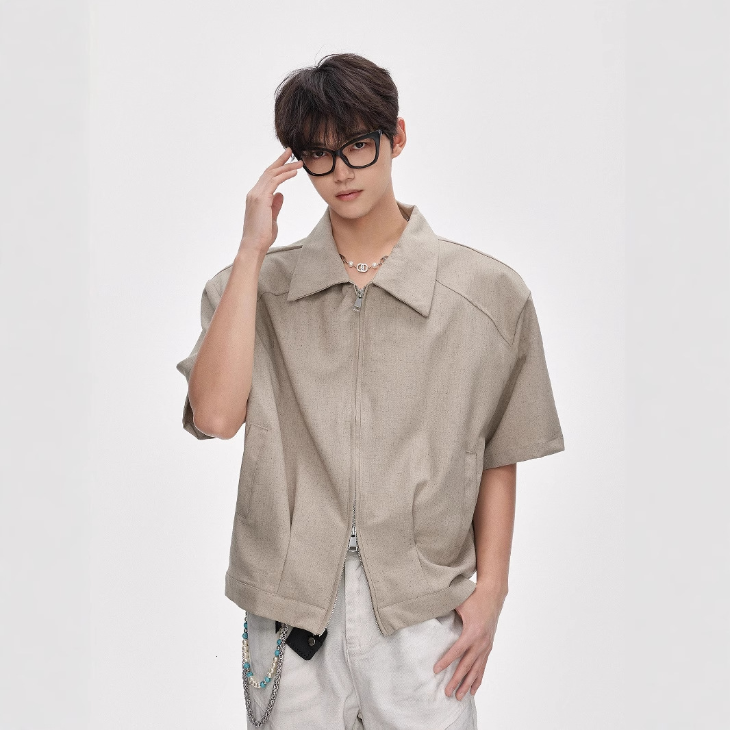 Clenafit Double Zipper Short Sleeve Shirt Jacket Men Summer American Style Trendy Brand Designer Short Sleeves Simple Loose Short Padded Shoulder Shir