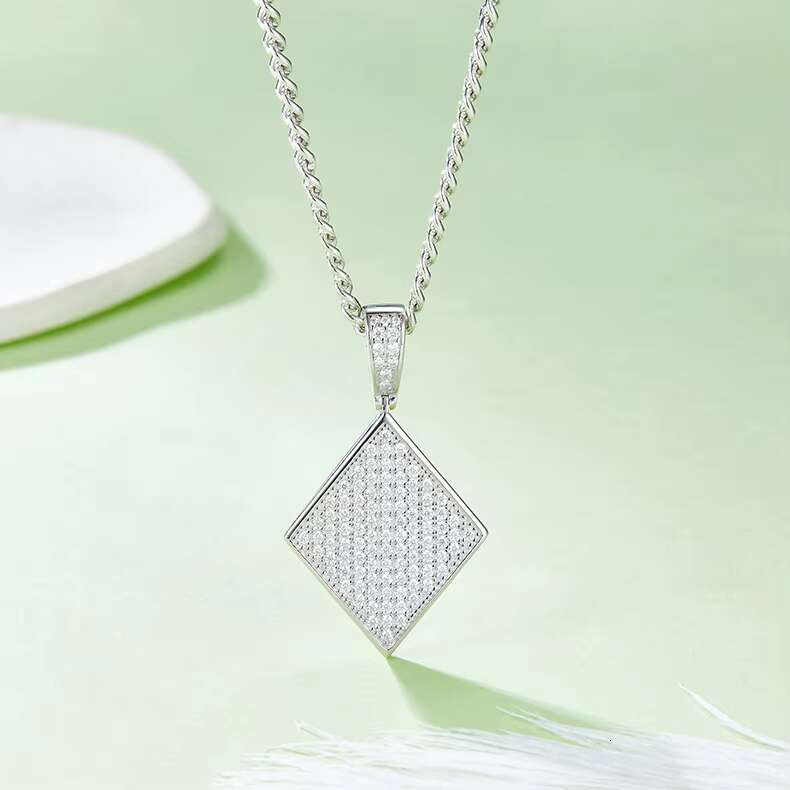Small Niche Full Diamond S925 Silver Inlaid Moissanite Necklace Diamond Explosive Hip-Hop Block Pendant