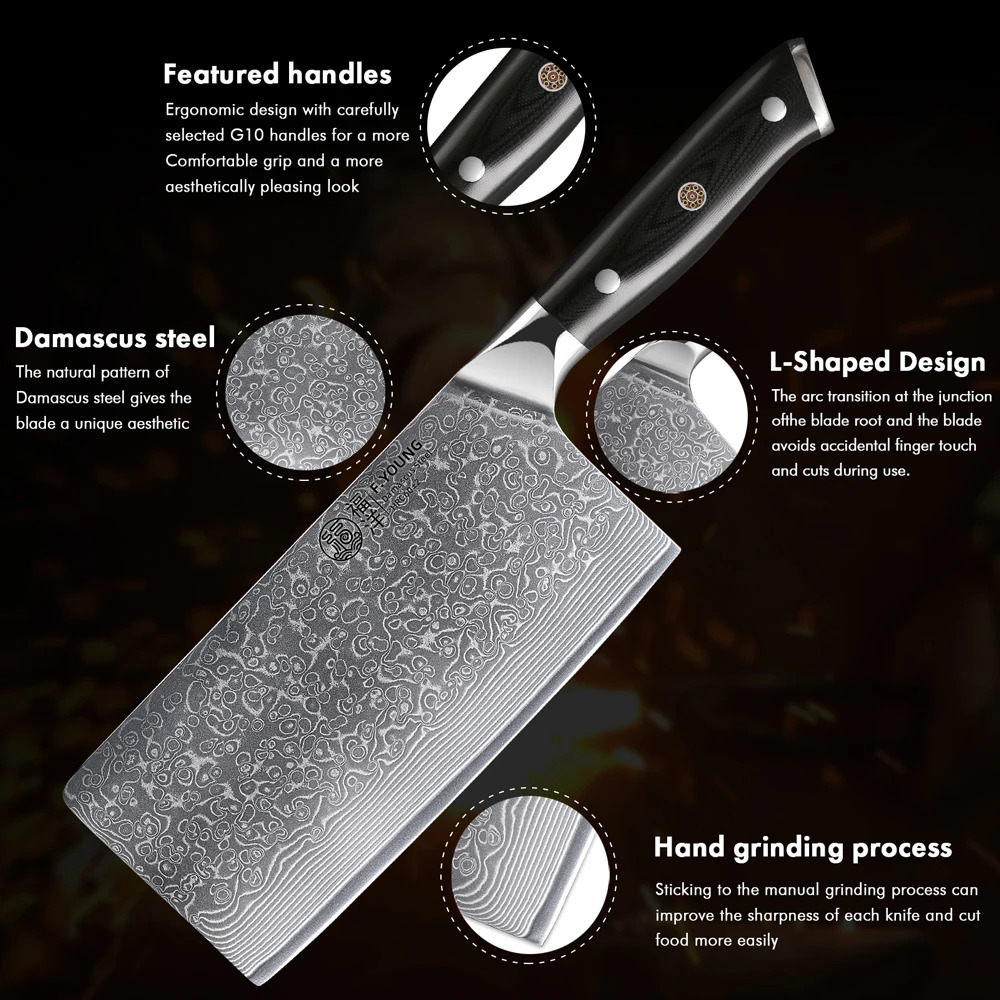 F.YOUNG 7 Chinese Cleaver Knife Japanese Damascus Steel Knife Chef Kitchen Vegetable Meat Slicing Utility Cooking Accessories 250703