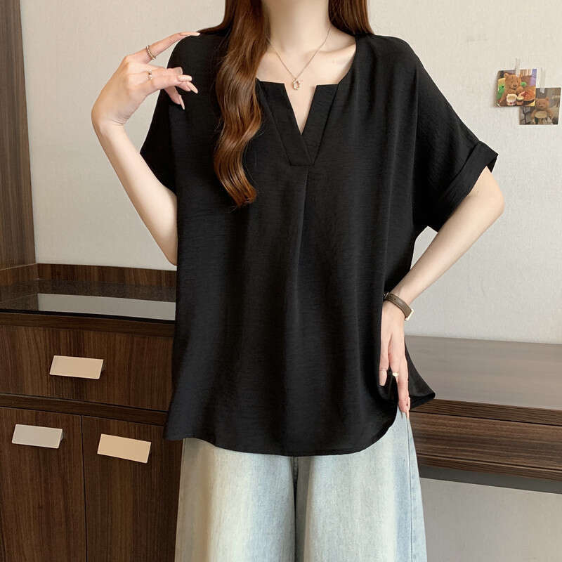 Plus Size Regular Shoulder Orange Red V-Neck Short Sleeve T-Shirt For Women Summer Style Solid Color Casual Simple Slimming Belly-Covering Top B5