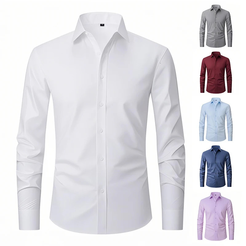 Mens Formal Shirts Long Sleeve Solid Color Anti-Wrinkle Stretch Fashion Business Free Slim Fit Office Social White Shirt 250704