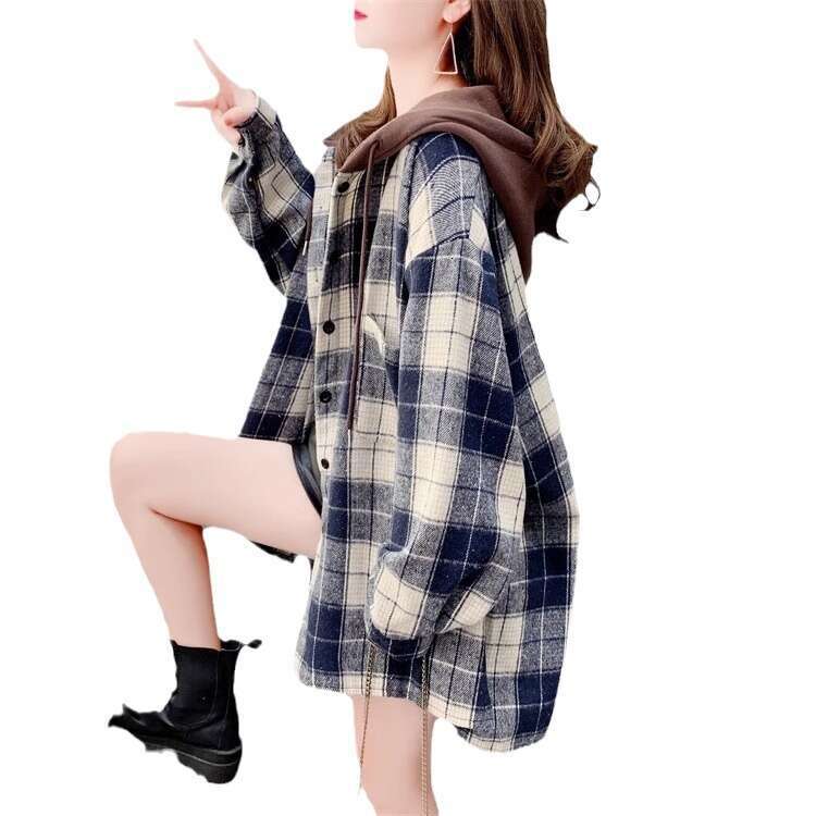 Autumn Winter New Thickened Brushed Plaid Shirt Loose Lazy Style Mid-Length Coat For Women B5