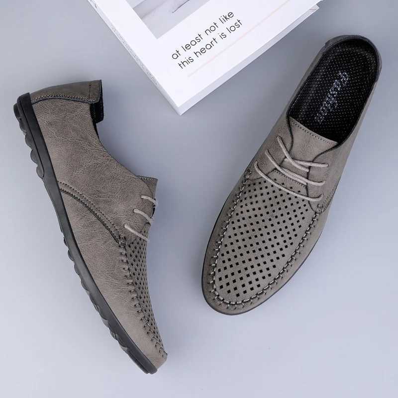 Summer Hollow Out Leather Shoes Men Luxury Italian Men Casual Handmade Designer Breathable Boat Shoes Mens Shoes Y250707