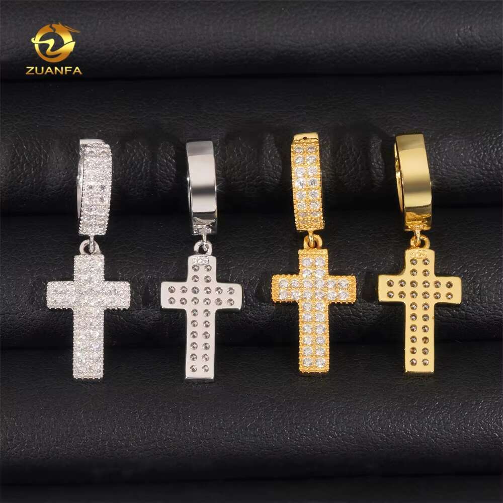 New Fashion Hip Hop Jewelry 925 Silver Iced Out Hoop Cross Drop Moissanite Diamond Earrings for Men