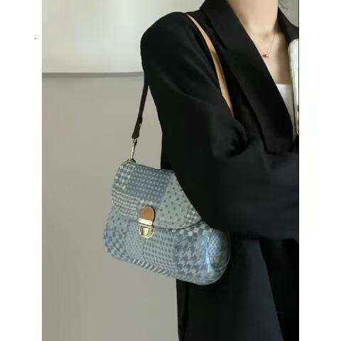 Designer Jeans Vintage Houndstooth Pattern Women 's Shoulder Flap Zipper Denim Handbag Underarm Bag Shopper Tote H6.21#38.4 ddmythur