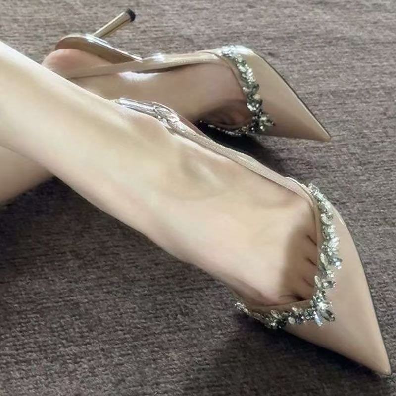 Size Liyke 35-42 Black Patent Leather High Heels Mules Fashion Crystal Dia Women Pumps Sexy Pointed Toe Party Prom Shoes 44e7