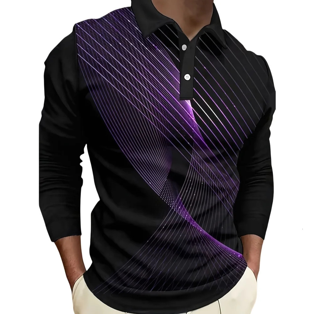 Mens Polo Shirt Cool Stripe Print Casual Sport Lapel Golf Wear Mens T-Shirt Tops Street Harajuku Button Long Sleeve T-Shirts 250703