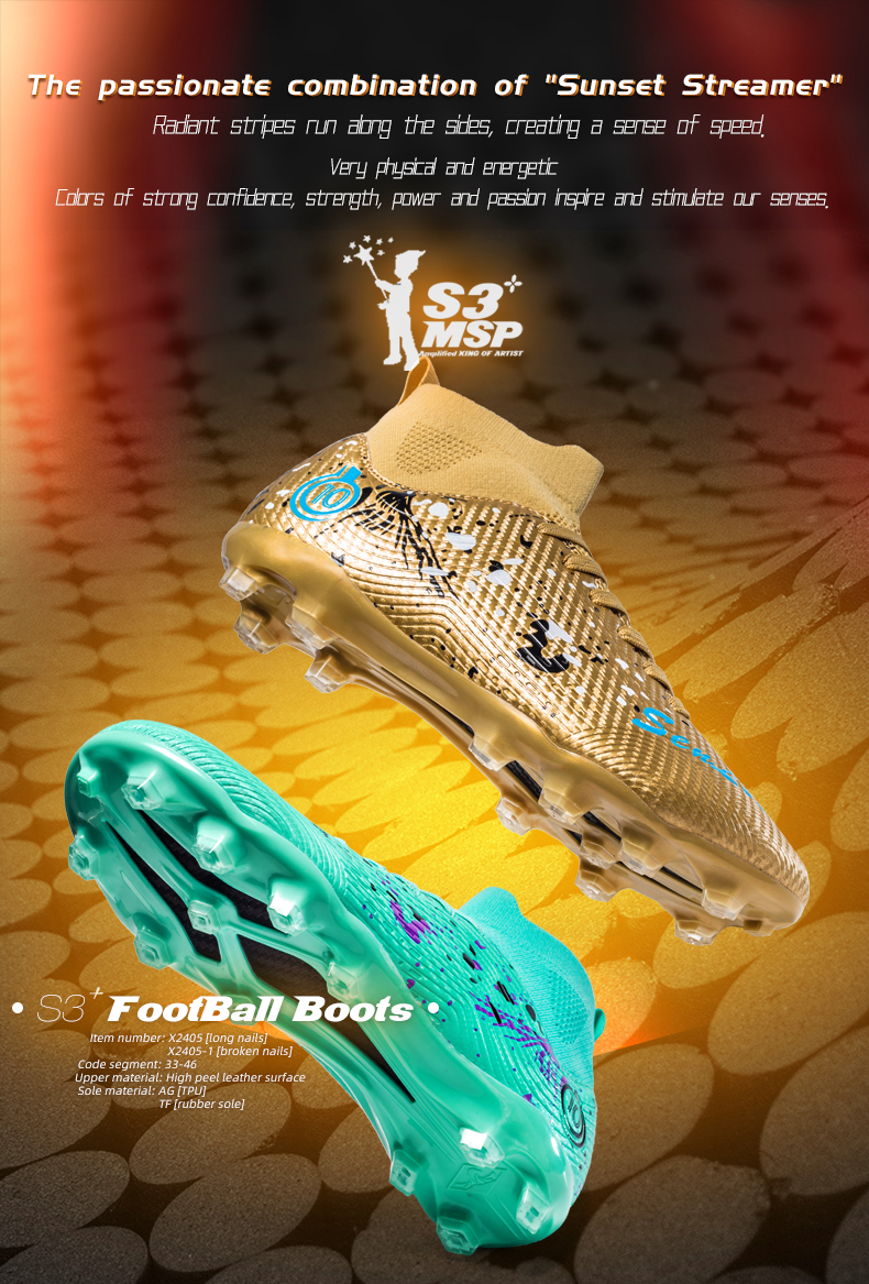 Football shoes men's assassin nail TF long nail high top anti slip primary school student match training shoes women Messi