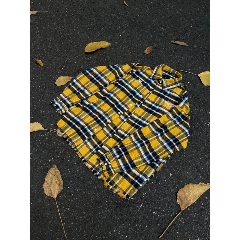 American Retro Distressed Yellow Designer Short Sleeves Plaid Shirt For Men, Spring And Autumn New Loose Trendy Brand Couple Shirt, Long Sleeve Jacket