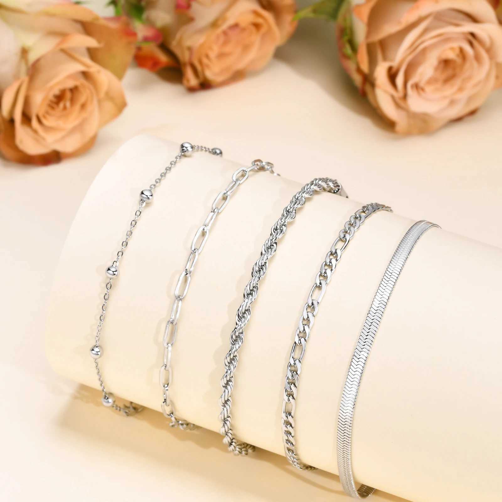 5PCS/Set Women Gold/Silver Color Bracelets Stainless Steel Lady Geometric Fashion Charm Chain Multi-Layer Dainty Girl Jewelry XJ250707
