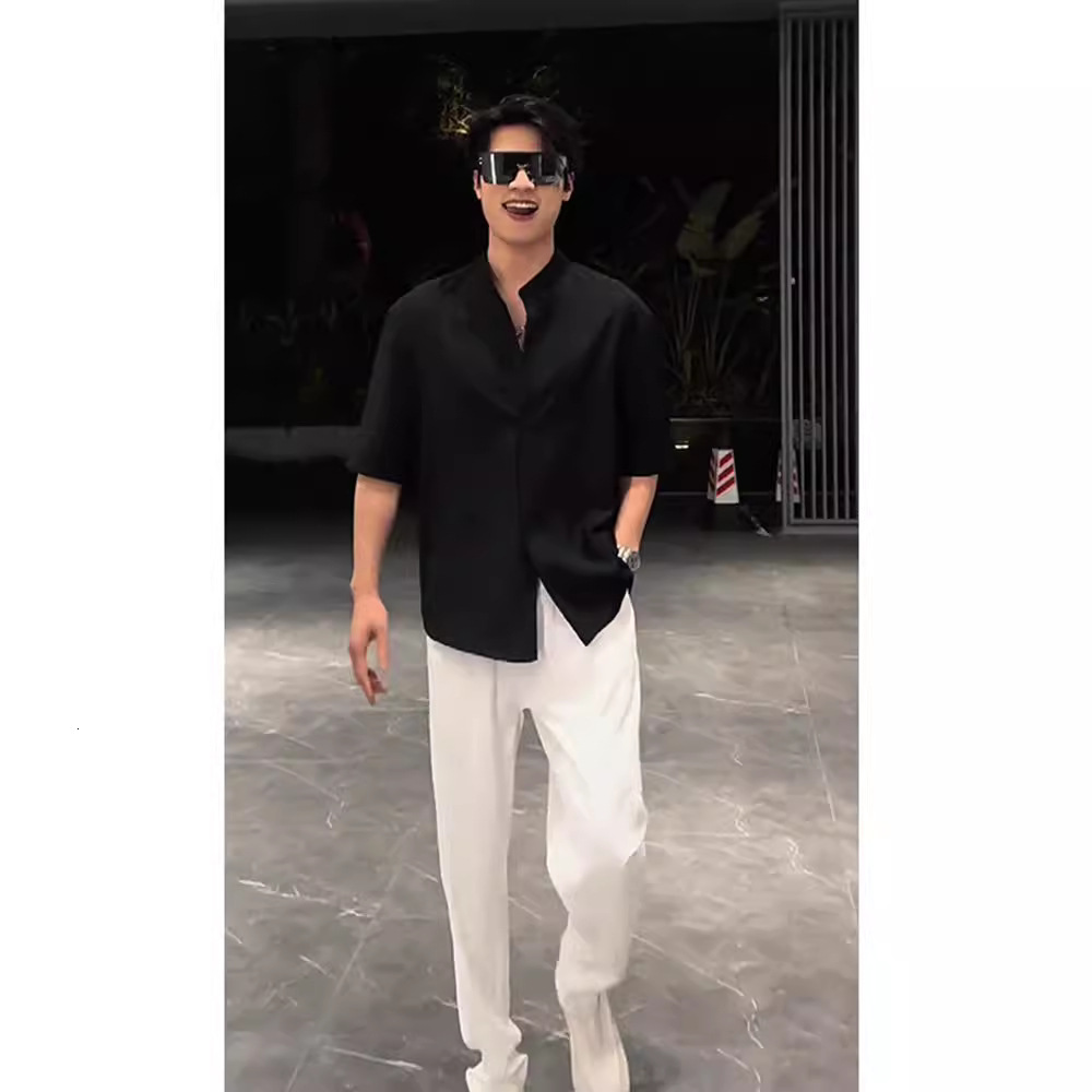 Lushangshuai High-end Designer Short Sleeves Black Ice Silk Stand Collar Three-quarter Sleeve Shirt Men's Cool Draped National Style Short Sleeve