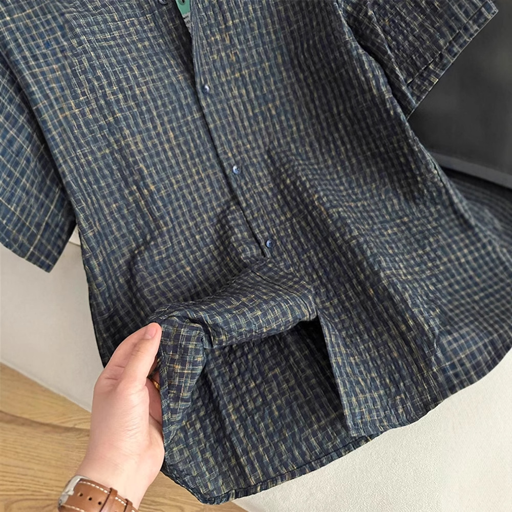 American Retro Bubble Gauze Plaid Shirt Men's Short Designer Short Sleeves Sleeve Summer Thin Sun Protection Loose Lazy Style Half Sleeve Shirt