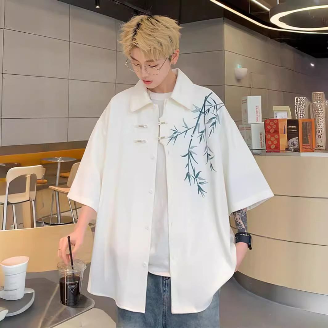 New Chinese Style National Style Short Sleeve Shirt For Men Summer Thin Trendy Brand Designer Short Sleeves Cool Oversized Bamboo Embroidery Loose Hal