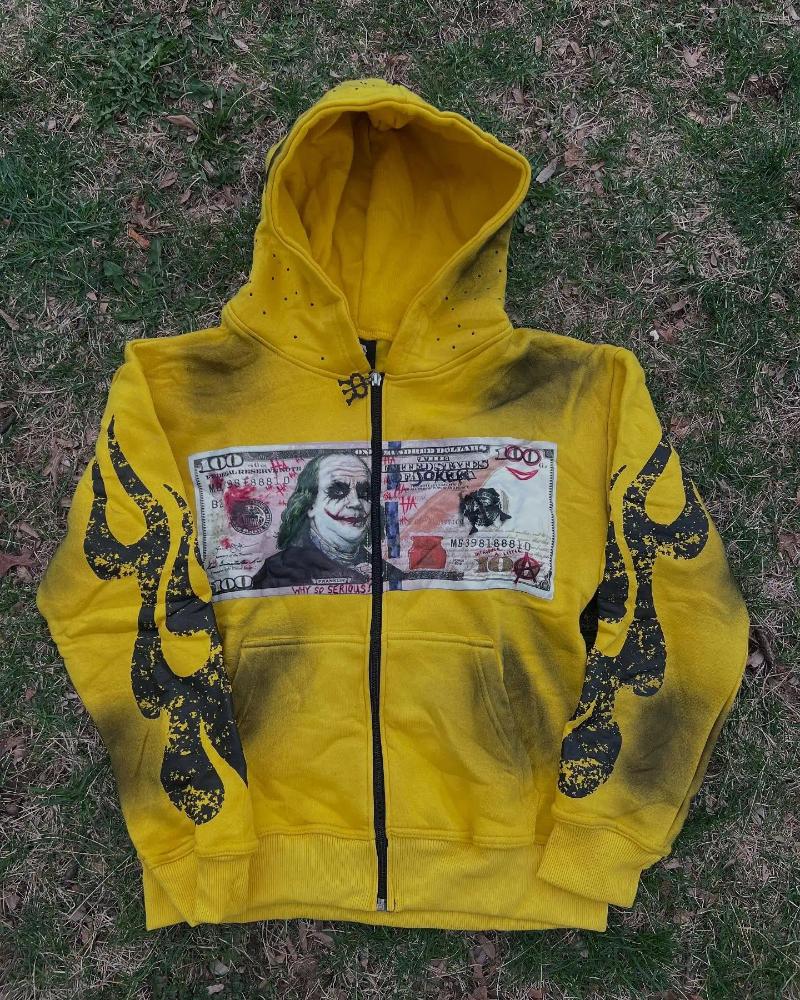 Men's Hoodies Men Trendy Street Style Graphic Zip Up Hoodie Black Streetwear Jacket With Money Print Flame Sleeve Design Why So Serious